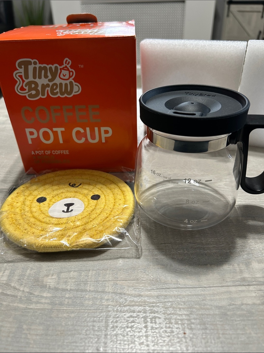 Tiny Brew 16oz Coffee Pot Mug Glass Carafe Cup with Lid & Coaster - NEW